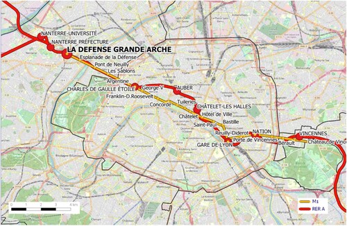 Figure 1. Routes and stations for Metro 1 and RER A lines in the Paris region. Station ‘La Défense Grande Arche’ has been highlighted in bold. (RATP/EDT 2021. © OpenStreetMap contributors (The data is available under the Open Database License. Base map and data from OpenStreetMap and OpenStreetMap Foundation). Ile de France Mobilité 2020, last update: 2021/04/21).