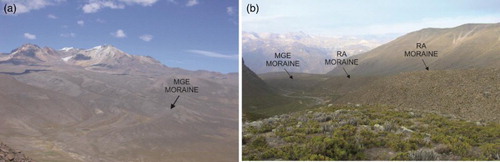 Figure 8. (a) Moraines of the MGE in the eastern flank of HualcaHualca volcano. (b) Moraines of the MGE and readvance phases (RA) in the Huayuray valley (northern side of HualcaHualca volcano).