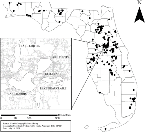 Figure 1 The 187 Florida lakes sampled for microcystin Jan to Dec 2006 and the Harris Chain of Lakes (Beauclaire, Dora [East and West], Eustis, Harris and Griffin) located in Lake County, FL, sampled for microcystin Sep 2006 to Aug 2007.