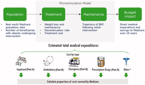 Figure 1. Analytical framework to project Medicare budget impact. *Includes home health serviced, dental serviced, glasses, wheelchairs, prosthesis, and other expenses not captured in the other cost categories.