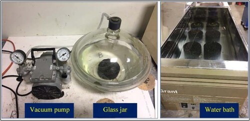 Figure 7. Experimental arrangement for water sensitivity test showing the vacuum container and the samples in the water bath at 40°C.