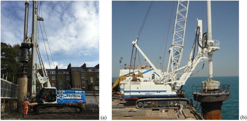 4 Photographs of different styles of drilling equipment: a European-style, hydraulic drill rig and b European-style crane attachment drill rig (photographs courtesy of Soilmec S.p.A.)