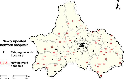 Figure 3 Distribution of current and newly upgraded network hospitals in Chengdu. Numbers denoted the upgrading order of each facility.