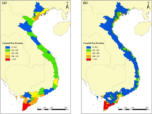 Figure 8. The spatial distribution of Coastal Eco-Erosion Index (CEEI) in Vietnam coastal zones with (a) provincial and (b) municipal scales.