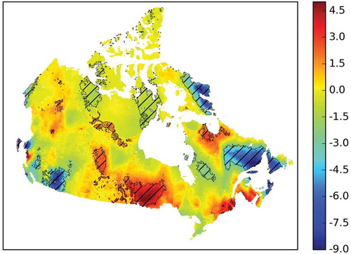 Figure 11. The trends of annual water yield (mm/year) by Sen’s slope over Canada’s landmass, 1979–2016 (hatching suggests that the trends are significant at the 95% confidence interval)