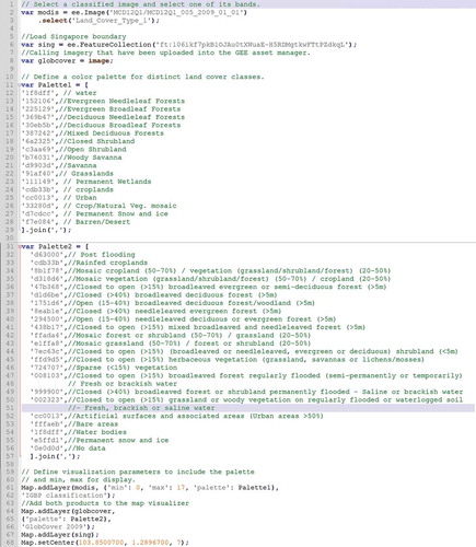 Figure A1. JavaScript code used in the GEE API to explore the handling of classified rasters and raster overlay within GEE.