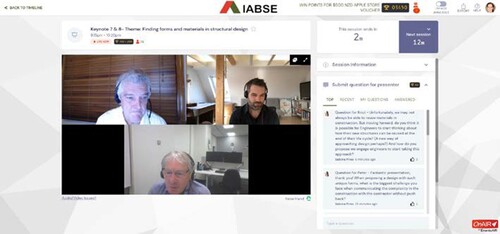 Keynote session snapshot: Peter Burnton (left) and Knut Stockhusen (right) presenting in the session theme “Finding Forms and Materials in Structural Design” and Barry Wright (bottom center) acting as a chair.