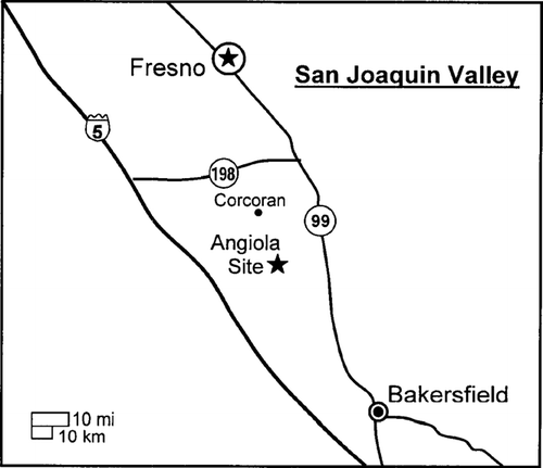 FIG. 1 Location of the Fresno, California and Angiola monitoring sites (indicated by stars) with respect to the Interstate Freeway 5 and US Highway 99, and the neighboring cities.