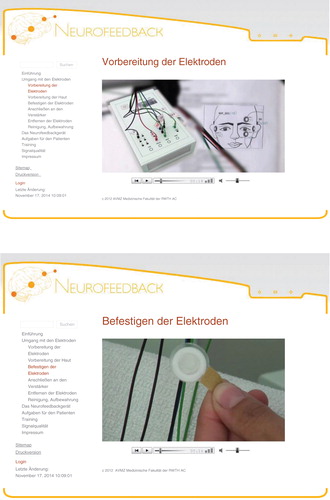 Fig. 2. (a, b) Depicted is a screenshot of the NF-eTutorial. The image shows examples from the section on electrode handling. Basic design by Dotcomwebdesign © 2013 AVMZ Medical Faculty, RWTH Aachen University, Germany.