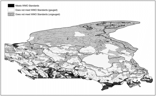 Figure 5 Spatial distribution of areas that meet and those that do not meet the WMO (Citation2008) minimum standards within each Canadian ecozone along with spatial distribution of stations.