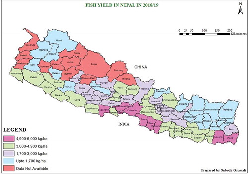 Figure 1. Map showing fish production areas of Nepal with yield in 2018/19