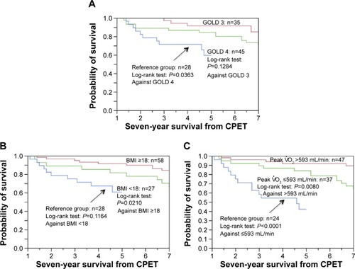 Figure 6 Kaplan–Meier curves of time to death (all-cause mortality) using (A) the Global Initiative for Chronic Obstructive Lung Disease (GOLD) classification, (B) body mass index, and (C) peak V˙O2 distribution after cardiopulmonary exercise testing (CPET) in 85 patients with chronic obstructive pulmonary disease (COPD) in the personalized patient-specific pulmonary rehabilitation-occupational therapy (PPR-OT) group and comparison with the Reference group (no PPR-OT) in previous report.Citation11