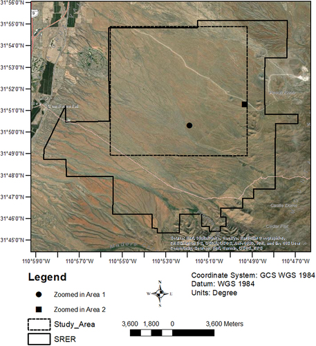 Figure 1. Study area within the Santa Rita Experimental Range (SRER) in SW Arizona. The solid line represents the entire SRER and the dashed line the selected study area based on vailability of ”good” data (see Section 2.2). The background image source: 0.5 m resolution WorldView-2 imagery collected in 2020.