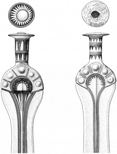 Figure 1. Imported swords of the Hajdúsámson-Apa type found at Torupgårde and Stensgård on Lolland in south-western Denmark. After Aner and Kersten (1977).