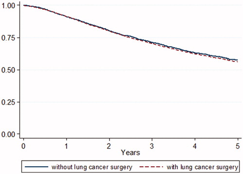 Figure 1. Survival for patients with clinical stage I NSCLC receiving radiotherapy or surgery (combined) with curative intent, stratified by type of hospital (with and without lung cancer surgery).