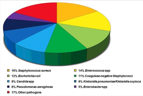 Figure 1. Eight common pathogens account for 83% of the reported HAIs in the United States. Data adapted from the summary of data reported to the National Healthcare Safety Network at the Centers for Disease Control and Prevention, 2011–2014.Citation2