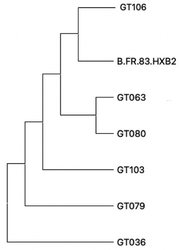Figure 1. Phylogenetic Analysis of Female Sex Workers. Phylogenetic characterisation of the included FSW (n = 6). All sequences were identified as HIV type 1 and aligned. The phylogenetic tree includes HIV type 1 reference sequence B.FR.83.HXB2.