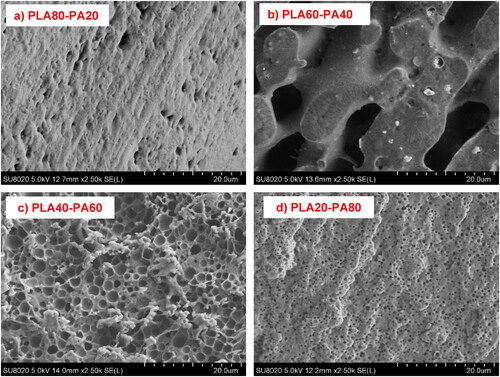Figure 6. (a–d) SEM micrographs of PLA(NA)/PA12 samples previously “etched” in chloroform.