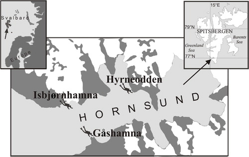 Fig. 1 Location of the sampling sites. Glaciers are indicated by the white areas.