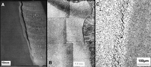 Figure 44. Example of dissimilar weld metal cracking at the fusion line in a CrMoV weld made with 2.25Cr–1Mo filler metal [Citation75]. (A) Macrograph of failure; (B) micrograph of failure location (not in the same weldment); (C) example of damage morphology in the coarse-grained heat affected zone and directly adjacent to the fusion line.