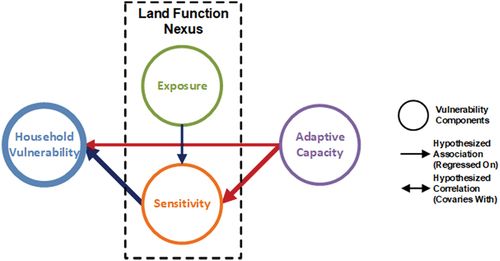 Figure 2. Hypothesized household-level vulnerability and its components, directly and indirectly associated with land functions-related exposure and sensitivity, which are mediated by adaptive capacity (solid blue (positive) and red (negative) arrows). These components are linked in the theoretical formulation of what constitutes household vulnerability in the context of food insecurity; arrows and their thickness represent hypothetical, quantitative associations between vulnerability components as conceptualized by Gaughan et al. (Citation2019).