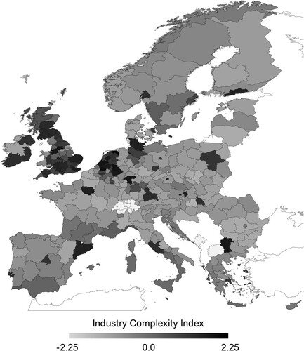 Figure 2. Average complexity of the three most related industries available for development (revealed comparative advantage (RCA) < 1) in regions in Europe in 2015.