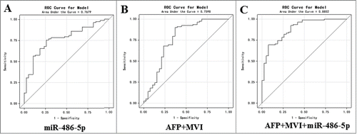 Figure 4. Receiver operating characteristic curve analysis for predicting prognostic accuracy of postoperative recurrence of HCC patients. (A) ROC curve for miR-486–5p yielded area under the curve (AUC) of 76.79%, the sensitivity of 81.58% and specificity of 65.38% in predicting prognosis. (B) ROC curve for AFP and microvascular invasion yielded AUC of 75.98%, the sensitivity of 85.90% and specificity of 63.13% in predicting prognosis. MVI: microvascular invasion. (C) ROC curve for combination of AFP, MVI and miR-486–5p yielded AUC of 88.02%, the sensitivity of 69.20% and specificity of 92.10% in predicting prognosis