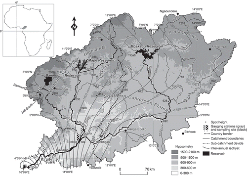 Figure 1. Map of the Sanaga drainage basin showing its main physiographic characteristics (topography, relief units, rainfall distribution) and the location of sampling sites and existing reservoirs.