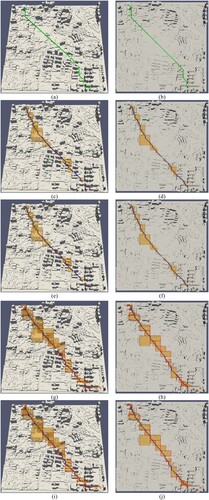 Figure 15. Illustration of path planning results (left column: side view; right column: top view) for (a)(b) SGM + A*, (c)(d) FOGM + A*, (e)(f) FOGM + Multi-scale A*, (g)(h) FSEGM + A*, and (i)(j) FSEGM + Multi-scale A*.