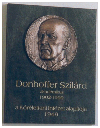 Figure 5. The bronze relief of Szilárd Donhoffer inaugurated at the centenary of his birth in the Department of Pathophysiology and Gerontology.