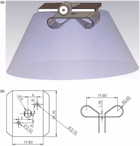 Figure 1. (a) The model of the self-grounded Bow-Tie antenna. (b) Schematic drawing of the manufactured antenna with its dimensions indicated, top and side views.