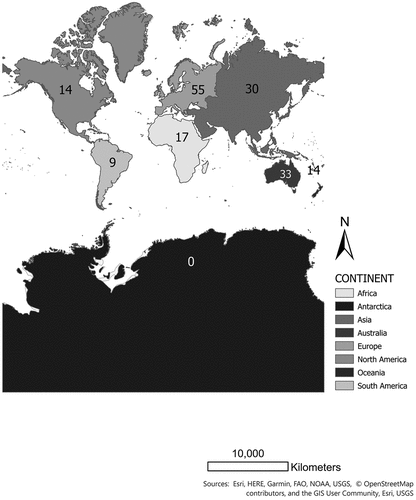 Figure 1. Use of cultural landscapes as a World Heritage category in the literature, organised by continent. Listed, and mapped by Author 1. Continent basemap open-source: Esri.