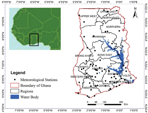 Figure 1. Physiological map of Ghana depicting regional boundaries and location of meteorological stations.