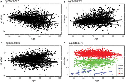 Figure 4. Examples of significant age-varying CpG sites. a) The methylation levels of cg21585707 decreased with age while methylation variability increased with age. b) Both methylation level and methylation variability of cg05666820 increased with age. c) The methylation variability of cg03689146 increased with age but age-associated changes were not detected. d) The methylation variability of cg06464078 decreased with age, and was also identified as a methylation quantitative trait loci site (associated with a genetic variant).