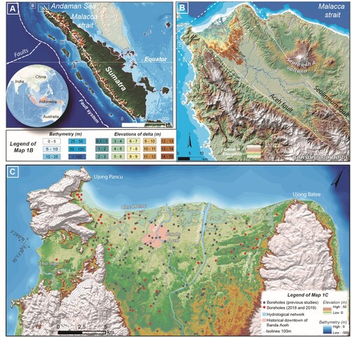 Figure 1. Location map of the Aceh fluvial-deltaic environment at different spatial scales. (A) The Sumatra Island, (B), the Aceh catchment and (C) the Aceh delta. Bathymetry, altitude, hydrological network and major toponyms are reported.