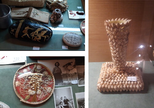 Figure 2. Arts and crafts created by the displaced. Clockwise from top left: Stone painting and etching; a vase made from seashells; decoration made from dried flowers. Items held in the Museum of Makronisos (https://pekam.org/). Photographs used courtesy of the museum.