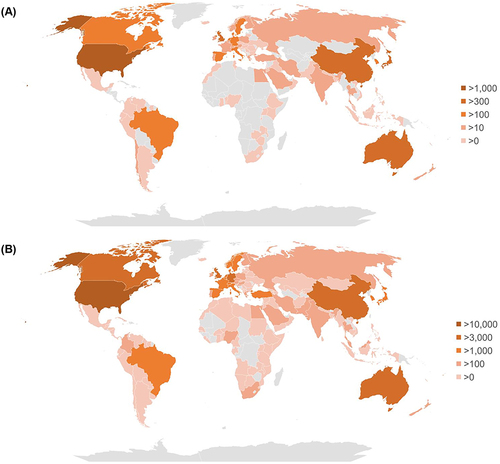 Figure 3 Distribution of countries/territories. (A) Distribution of countries/territories based on the accumulative number of publications concerning low back pain in older adults from 1993 to 2023; (B) Distribution of countries/territories based on the accumulative number of publications concerning low back pain in working-age adults from 1993 to 2023.