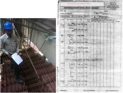 Figure 3. Mitesh making a sketch (left) and a Reinforcement Steel Measurement report.