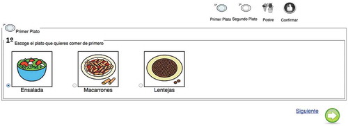 Figure 2. User interface for selecting a first course, created by the Egoki system for young adults with intellectual disabilities. [Translation to English: “Primer plato; Segundo plato; Postre; Confirmar” mean First course; Main course; Dessert; Confirm, respectively. “Escoge el plato que quieres comer de primero” means Select a first course. “Ensalada,” “Macarrones,” and “Lentejas” mean Salad, Macaroni, and Lentils, respectively. “Siguiente” means Next.]