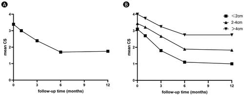 Figure 5. Changes in mean CS at each follow-up time point. A CS changes in all patients. B CS changes in subgroup analysis.