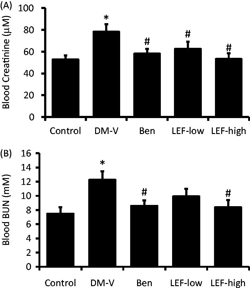 Figure 2. Blood creatinine and urea nitrogen (BUN) of rats from various groups. DM, diabetes mellitus group; V, vehicle; Ben, benazepril; LEF, leflunomide. Values are mean ± SEM; n = 8; *p < 0.05 versus control, #p < 0.05 versus vehicle-treated DM rats.