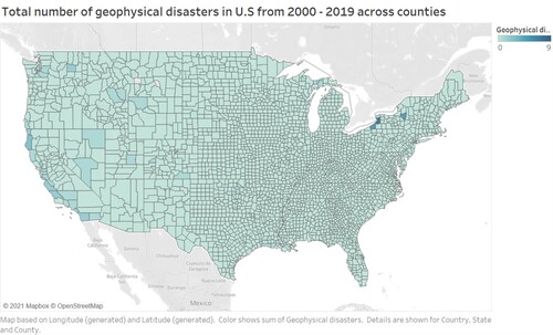 Figure 4. Geophysical disasters in the US from 2000 to 2019.