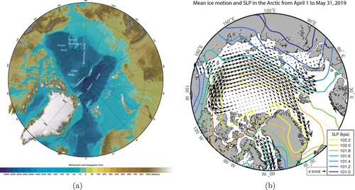 Figure 1. The area poleward of 85∘N is perennially covered with ice, with the overall sea ice extent rather asymmetric and varying annually, its minimum (in September) being in excess of 40% of the total ocean area. Apart from coastal regions, where sea ice is attached to the shoreline, the sea ice is typically in motion, the mean annual large-scale drift consisting of two primary features: the Beaufort Gyre – a clockwise (anticyclonic) motion centred at about 80∘N, 155∘W in the Canada Basin, and the Transpolar Drift Stream, a current away from the Siberian Coast, across the North Pole and through the Fram Strait (leading to sea ice export through this deep passage to the Atlantic Ocean that starts between the Yermal Plateau and the Morris Jessup Rise). This mean pattern is due to roughly equal contributions by winds and wind-driven near-surface currents moving ultimately in the same direction as the sea ice. (a) Bathymetry of the Arctic Ocean: broad continental shelves surround a deeper region, split down the middle by the Lomonosov Ridge (Image credit: NOAA, Colour online) and (b) Mean ice drift and sea level atmospheric pressure (Image credit: Meteorologisk Institutt and NCEP).