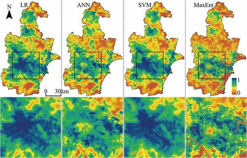 Figure 9. Transition potential maps of Tianjin projected by LR, ANN, SVM, and MaxEnt models. The central zone of Tianjin has been enlarged to show spatial details.