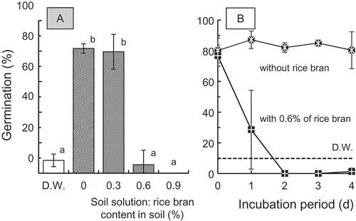 Figure 3. Effects of amount of rice bran (A) and incubation period of flooded soil (B) on germination. Experimental conditions: (A); soils: A–E, seed: [2014 (field), air-dried], lighting: present. Means denoted by the different letters are significantly different according to Tukey’s test (P < 0.05). Error bars indicate standard deviation of five soils. (B); soil: B, seed: [2014 (field), air-dried], lighting: present. Error bars indicate standard deviation of three repetitions.