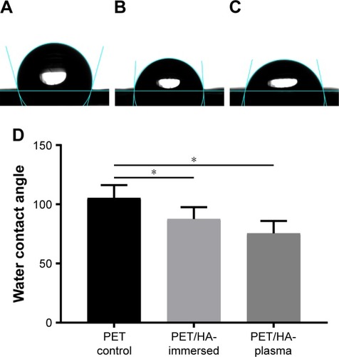 Figure 6 Water contact angle.Notes: Water contact angle in the (A) PET control, (B) PET/HA-immersed, and (C) PET/HA-plasma groups. (D) Average water contact angle in the PET control, PET/HA-immersed, and PET/HA-plasma groups. *p<0.05.Abbreviations: PET, polyethylene terephthalate; HA, hydroxyapatite.