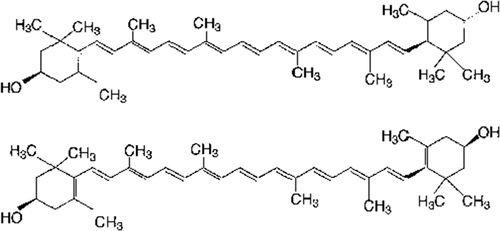 Figure 1. Chemical structure of lutein and zeaxanthin.Structure of lutein (single stranded rings). Structure of zeaxanthin (one double bond in each ring).Figura 1. Estructura química de luteína y zeaxantina.Estructura de luteína (anillos monocatenarios)Estructura de zeaxantina (un enlace doble en cada anillo)