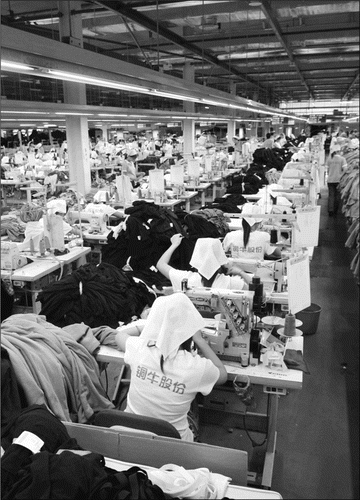 Sewing department, Chinese garment factory, Beijing. 2007. “When asked what was the longest continuous stretch they had worked (in hours), close to two-thirds of the garment workers (64 percent) stated they had worked between twelve and fourteen hours nonstop. …” (ILO/M. Crozet)
