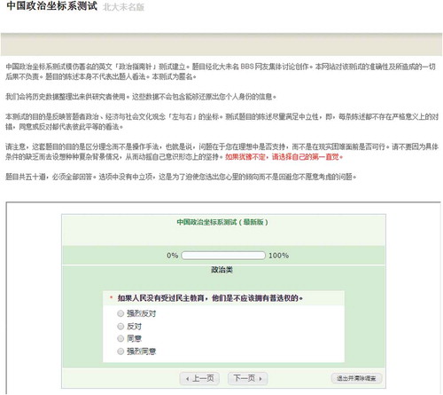 Figure 1. User interface of Chinese Political Compass as of 3 April 2015, Chinese Political Compass, http://zuobiao.me/.Above exemplifies a typical question in political coordinate. It asks: ‘If people never received any education on democracy, they should not have universal suffrage.’ The four answers are strongly disagree, disagree, agree and strongly agree. On top, the website developer states the rationale of eliminating a neutral option as ‘pushing you to think what you truly believe without an option of avoiding thinking.’