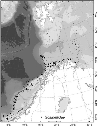 Figure 1. The position of the 335 sampling stations covered by the MAREANO programme from 2006 to 2018, from which the material of Scalpellidae cirripeds was collected. + are stations without records of scalpellids and black dots indicate that scalpellids were recorded.